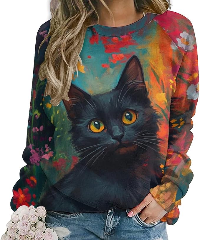 Sweatshirt for Women Cat Print Fashion Funny Plus Size Ladies Dressy Crewneck Casual Trendy Tee Shirts
