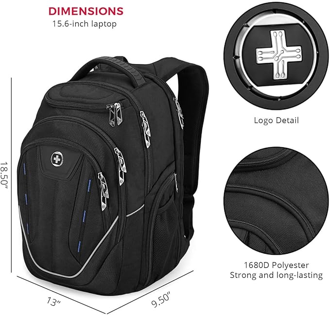 Swissdigital Design TSA-Friendly Large Backpack, Business Laptop Backpack for Men with USB Charging Port/RFID Protection Black | J16BT-1