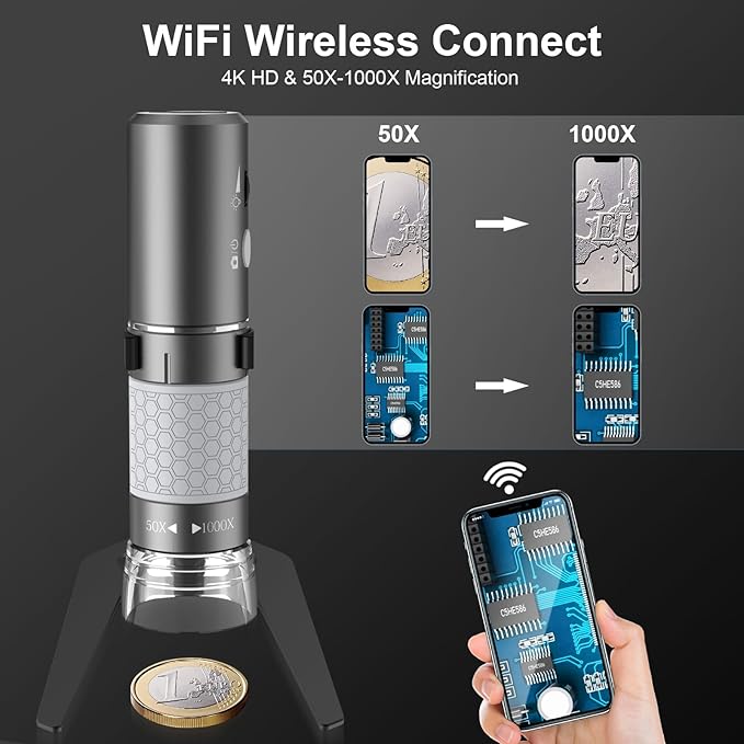 4K HD Wi-Fi Wireless Digital Microscope Camera Magnifier, Compatible for iPhone, iPad, Android Phones and PC