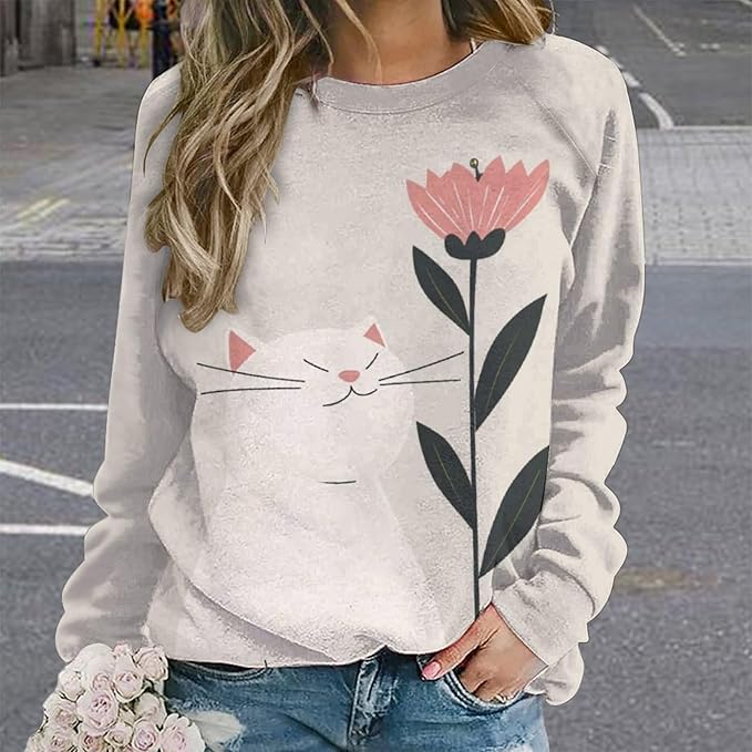 Long Sleeve Shirts for Women Cat Printed Fall Winter Dressy Holiday Casual Fashion Crewneck Tunic Tee Shirts