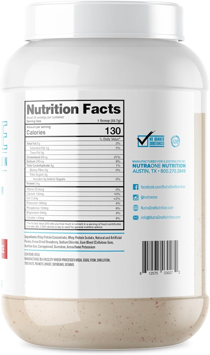 NutraOne ProteinOne Whey Protein Promote Recovery and Build Muscle with a Protein Shake Powder for Men & Women (Strawberry Milkshake, 2 LB)