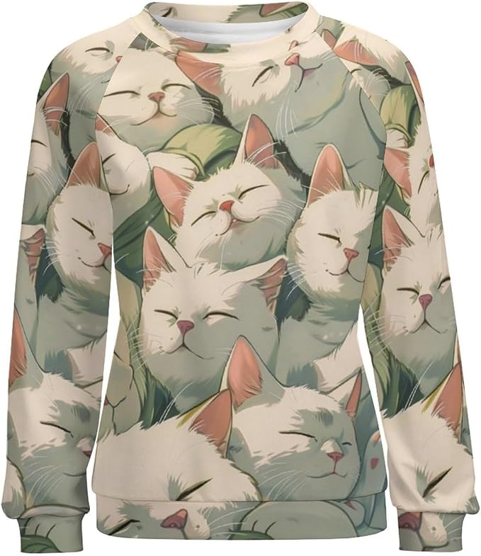 Fall Sweaters for Women 2024 Cat Print Long Sleeve Casual Crewneck Warm Fall Pullover Comfy Fashion Sweatshirts
