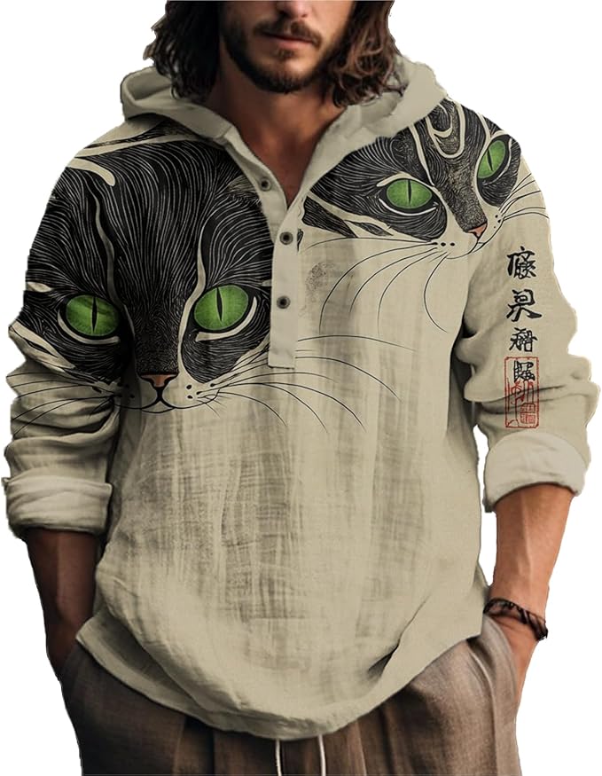 MARSVOVO Japanese Art Animal Hooded Shirt for Men Long Sleeve Quarter Button Lightweight Hoodie Cool Streetwear Tops