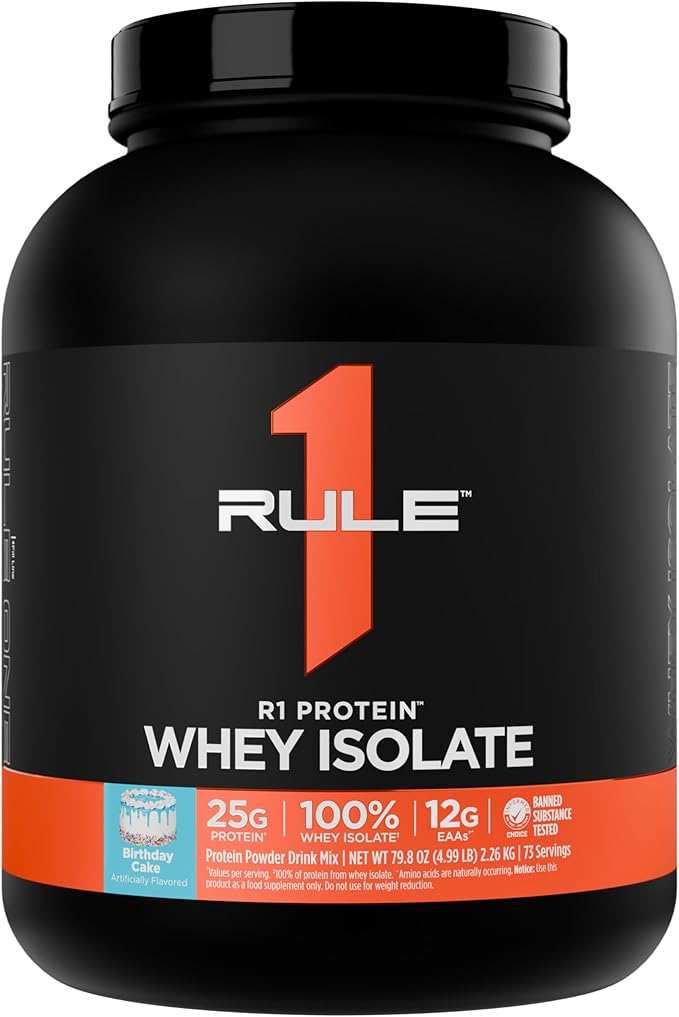 Rule 1 R1 Protein Whey Isolate - with 25g Protein & 6g BCAA Exclusively from Isolated & Hydrolyzed Sources for Workout Recovery (5 Pounds*, Birthday Cake)