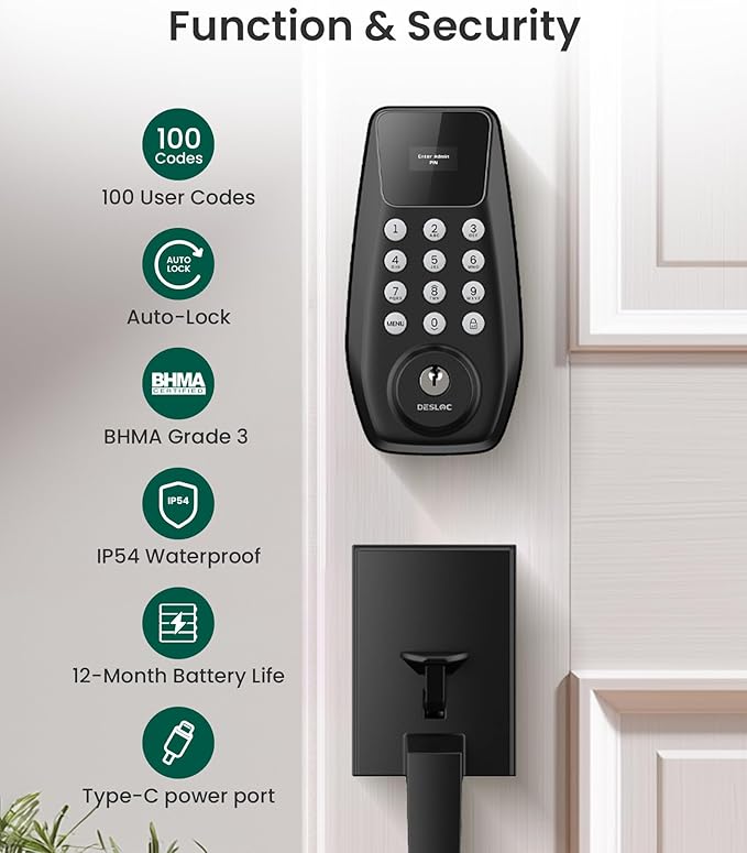 DESLOC C100 Keyless Entry Door Lock with Keypad, Smart Deadbolt Lock for Front Door with 2 Keys, Auto Lock, Easy Installation, 100 PIN Codes, IP54 Waterproof, BHMA Grade 3, Black