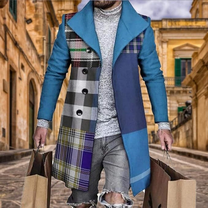 Men's Plaid Long Trench Coat Mid - Length Lapel Collar Button Down Warm Overcoat for Winter & Autumn Fashion