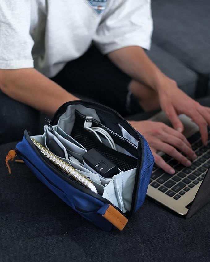 TRIPPED Travel Gear Tech Bag Organizer - Small Electronics Organizer Pouch for Travel - Premium Travel Case with Leather Accents - Mesh Pocket for Cables, Cords and Chargers (Navy)