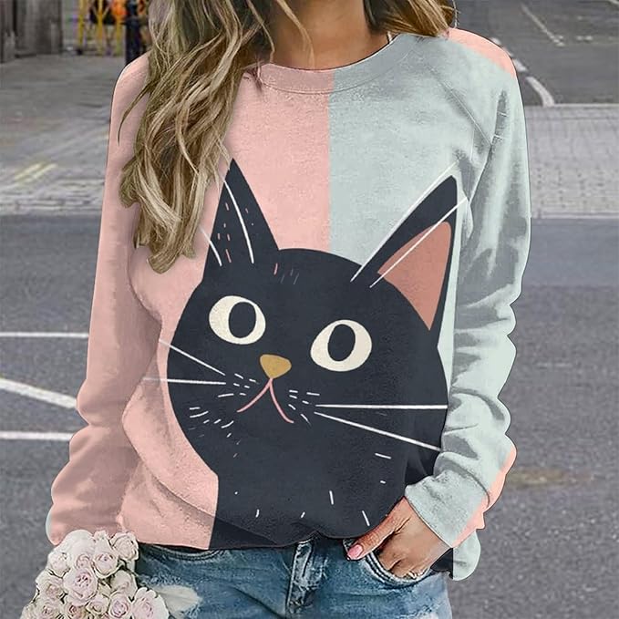 Long Sleeve Shirt Women Fall Cat Print Funny Hide Belly Vacation Plus Size Ladies Hippie Dressy Sweaters