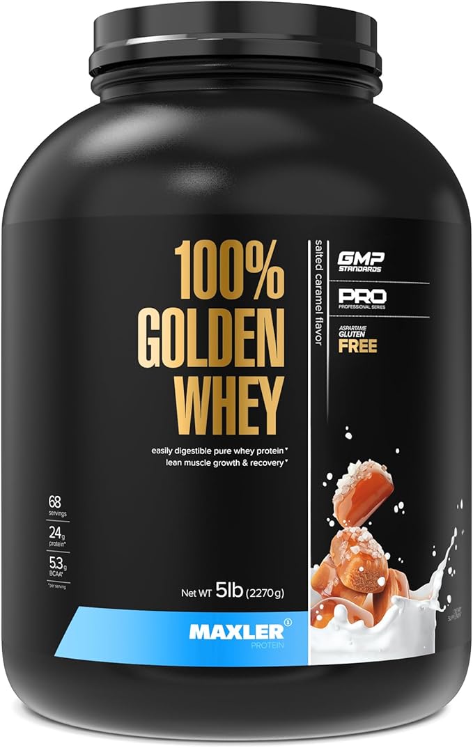 Maxler 100% Golden Whey Protein - 24g of Protein per Serving - Whey Protein Powder for Pre Post Workout - Fast-Absorbing Whey Concentrate, Isolate & Hydrolysate Blend - Salted Caramel 5 lb