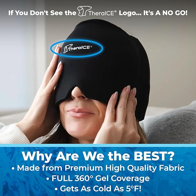 TheraICE Migraine Relief Cap Junior, Soothing Headache Boo Boo Ice Pack Mask Products, Cooling Gel Hat JR, Face Cold Compress Head Wrap for Bumps, Bruises and Cooling temperatures