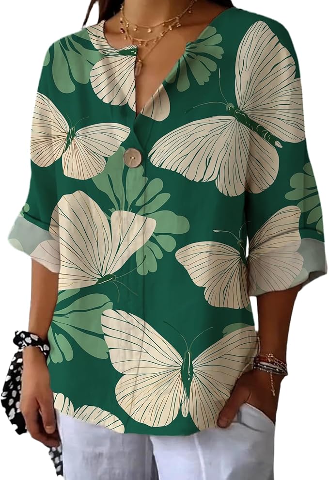 Fashion Shirts for Women Loose Fit Button Down V Neck Blouse 3/4 Sleeves Casual Tunic Tops Summer Outfits