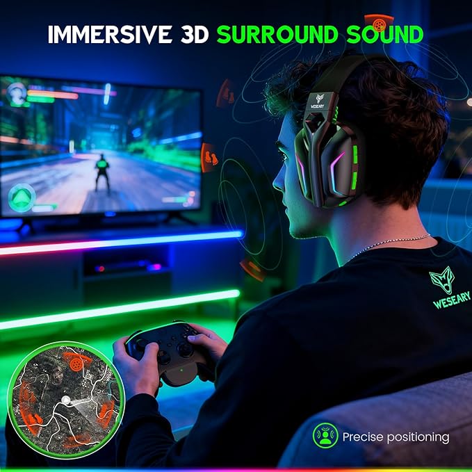 Wireless Gaming Headset for Xbox Series X|S, Xbox One, PS5, PS4, PC, Mac, Switch, 2.4GHz + Bluetooth Over-Ear Gaming Headphones with ENC Mic, 3D Stereo, Dynamic LED Lights, 50mm Drivers, 50H