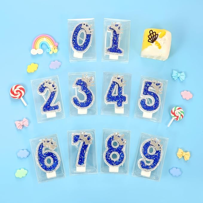 Blue Birthday Candle Crown Number 7 Candle with Sequins Cake Candles Cupcake Decorations Party Decor for Anniversary Celebrations Supplies