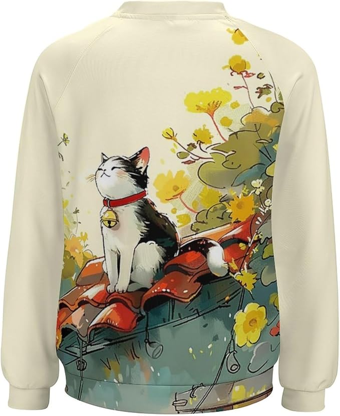 Long Sleeve Shirts for Women Cat Printed Fall Winter Dressy Holiday Casual Fashion Crewneck Tunic Tee Shirts