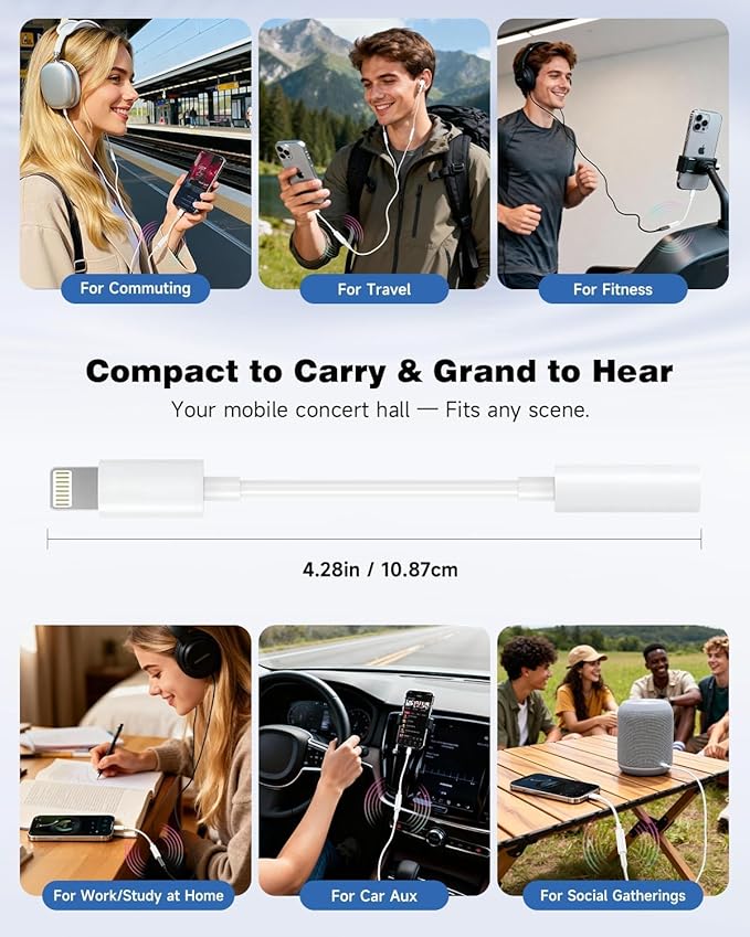 Apple MFi Certified 3-Pack Lightning to 3.5mm Headphone Jack Adapter with DAC, Headphone/Earphone Hi-Fi Audio Dongle & Car Aux Cable for iPhone 14/13/12/11/XR/X/8/7, Car, Gym, Travel, Office Use-White