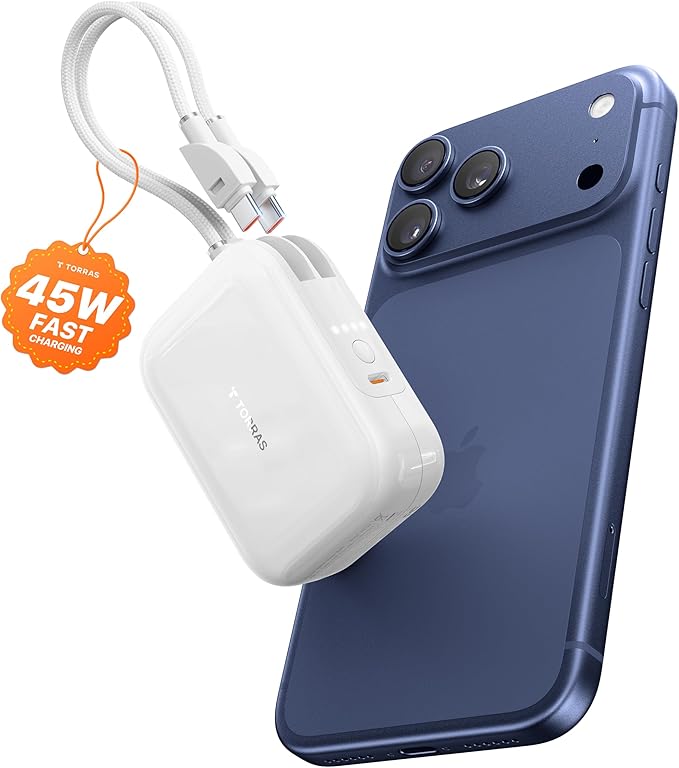 TORRAS EasyGo Portable Charger 10000mAh, 45W Ultra-Fast USB-C Power Bank with Dual Built-in Cables, Integrated Lanyard Design for One-Hand Use, Battery Pack Compatible with iPhone 16/17 Pro, Samsung