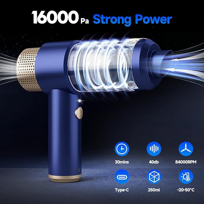 Car Vacuum Cleaner, 16000PA Mini Car Vacuum Cordless Powerful, 7 in 1 Portable Handheld Vacuum Cordless with LED Light, Dual Filters, One-Touch Empty for Pet Hair, Home, Office