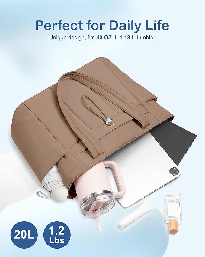TOPDesign Puffy Tote Bag for Women with Cup Holder & Laptop Compartment & Cosmetic Bag & Trolley Sleeve for Work, Travel