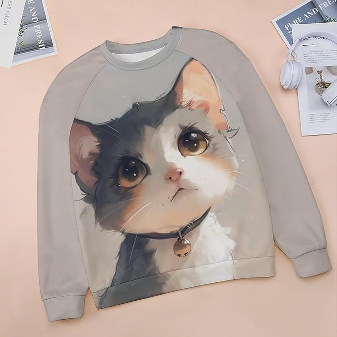 Long Sleeve Shirts for Women Cat Printed Fall Winter Dressy Holiday Casual Fashion Crewneck Tunic Tee Shirts