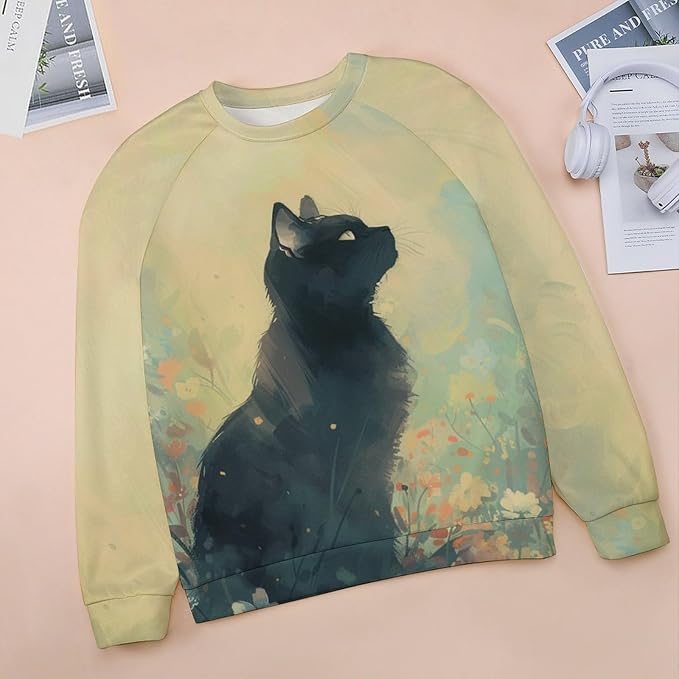 Long Sleeve Shirts for Women Cat Printed Fall Winter Dressy Holiday Casual Fashion Crewneck Tunic Tee Shirts