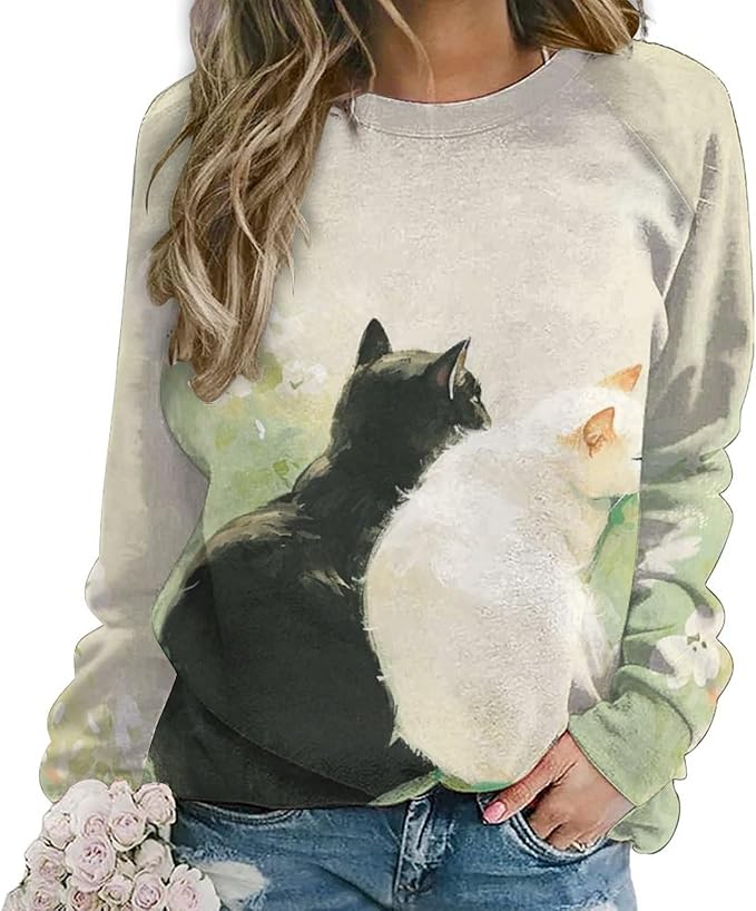 Long Sleeve Shirts for Women Cat Printed Fall Winter Dressy Holiday Casual Fashion Crewneck Tunic Tee Shirts