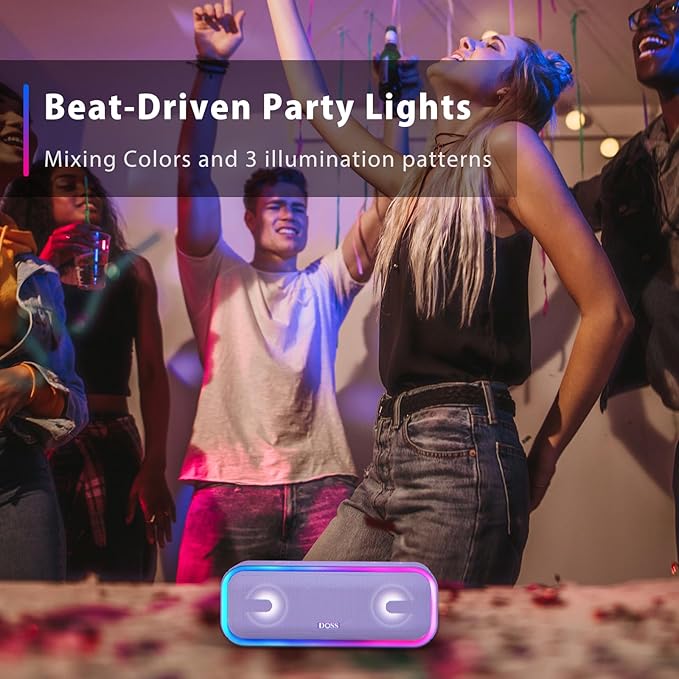 DOSS SoundBox Pro+ Bluetooth Speaker, Immersive 24W Stereo Sound with Booming Bass, IPX6 Waterproof, 15H Playtime, Mixed Colors Lights, Wireless for Backyard, Hiking, Garage, Party-Purple