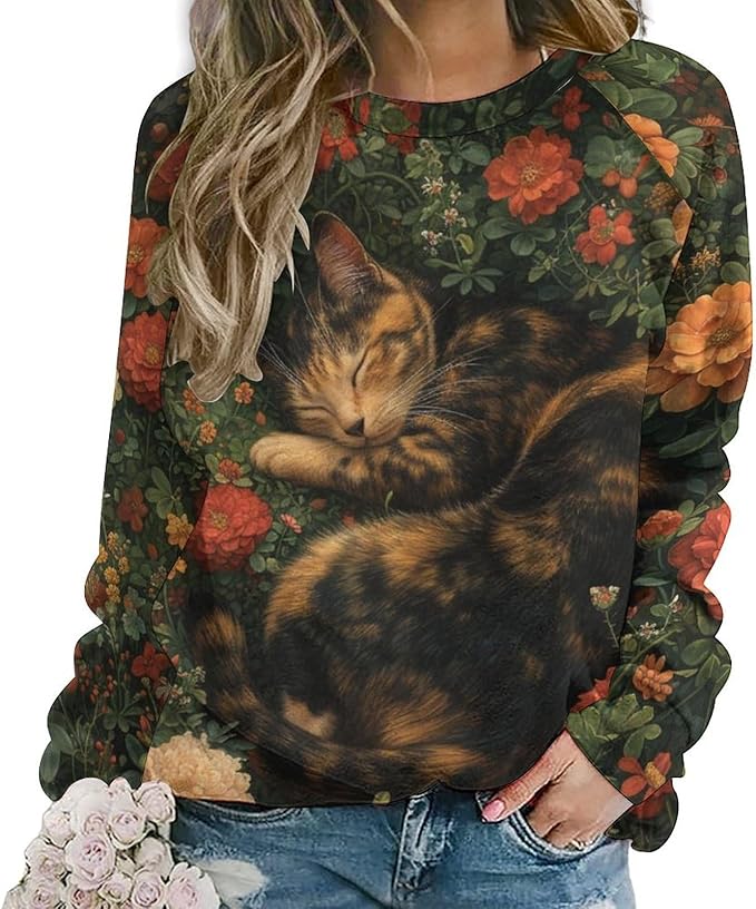 Sweatshirt for Women Cat Print Fashion Funny Plus Size Ladies Dressy Crewneck Casual Trendy Tee Shirts