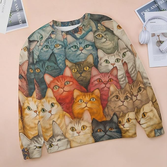 Fall Sweaters for Women 2024 Cat Print Long Sleeve Casual Crewneck Warm Fall Pullover Comfy Fashion Sweatshirts
