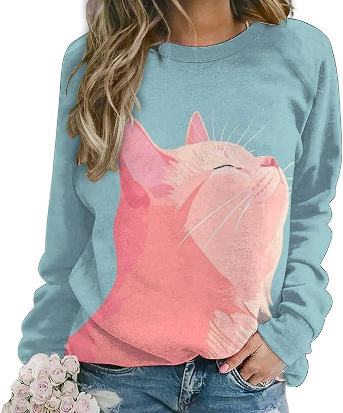 Long Sleeve Shirt Women Fall Cat Print Funny Hide Belly Vacation Plus Size Ladies Hippie Dressy Sweaters