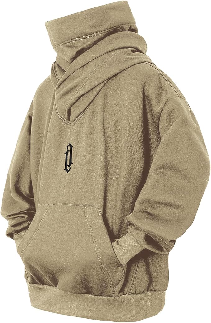 Fleece Hoodies for Men Cowl Neck Sweatshirts Hood with neck Gaiter Casual Pullover Fall Winter with Embroidery