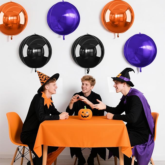 Black Orange Purple Halloween Foil Balloons, 6Pcs 4D Large Metallic Helium Balloon, 22Inch Big Round Foil Balloon for Kids Halloween Birthday Graduation Wedding Baby Shower Disco Backdrop Supplies