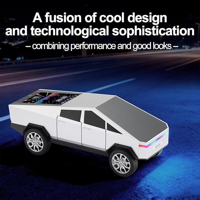 WSTER Futuristic Truck Replica Bluetooth Speaker with LED Display Screen – Practical Gift for Model Collectors, Music Listeners & Tech Fans, TWS Pairing, FM Radio, LED Headlight Detail & Mic (Silver)