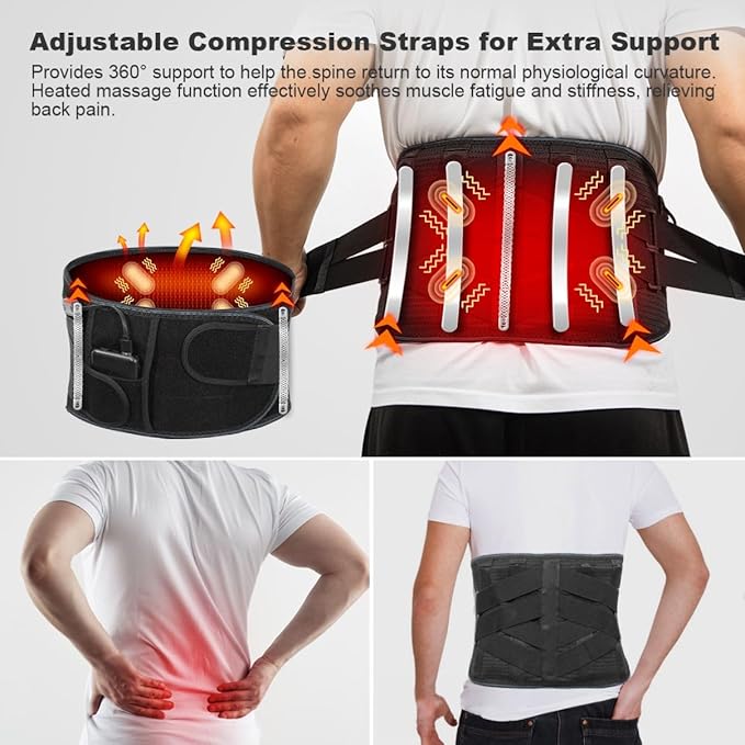 Cordless Heating Pad Back Massager Brace, Rechargeable Heated Back Brace and Massage Belt for Lower Back Pain Relief(XL)