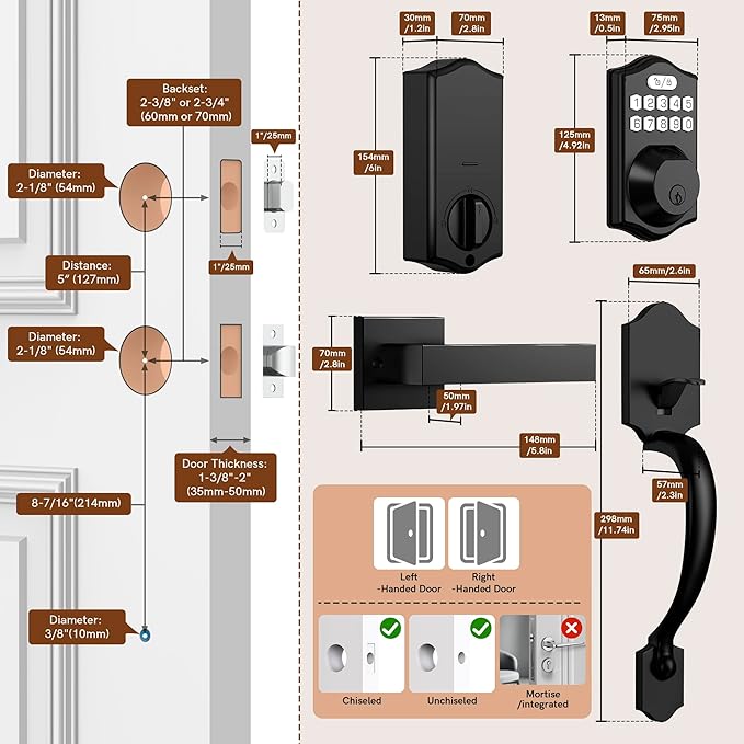 APP Fingerprint Door Lock Set, Keyless Entry Door Lock, Front Handle Set, Electronic Keypad Deadbolt with 2 Keys, Auto-Locking, One-time Codes, Easy to Install (Black, APP Control)