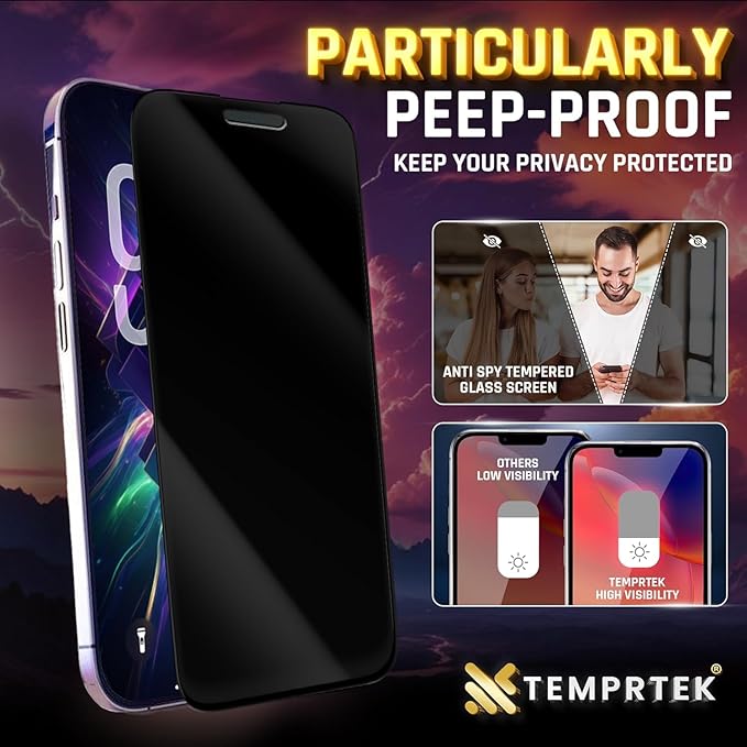 TEMPRTEK+ 2-Pack iPhone 17 Pro Max Screen Protector Fits iPhone 16 Pro Max Screen Protector Privacy - 9H Military Grade Scratch Fingerprint Resistance, Anti-Glare Shatterproof Tempered Glass, Anti-Spy