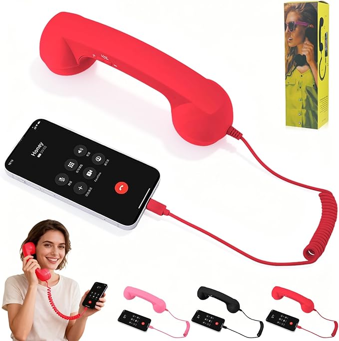 Retro Phone Handset, 2026 New Retro Style Type-C Phone Handset,Vintage Wired Plug in Handheld Cell Phone Receiver with Microphone, Suitable for Cell Mobile Video Conferences,Calls,Meetings (Red)