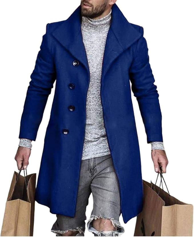 Men's Plaid Long Trench Coat Mid - Length Lapel Collar Button Down Warm Overcoat for Winter & Autumn Fashion