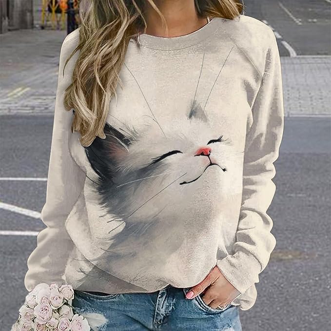 Long Sleeve Shirt Women Fall Cat Print Funny Hide Belly Vacation Plus Size Ladies Hippie Dressy Sweaters