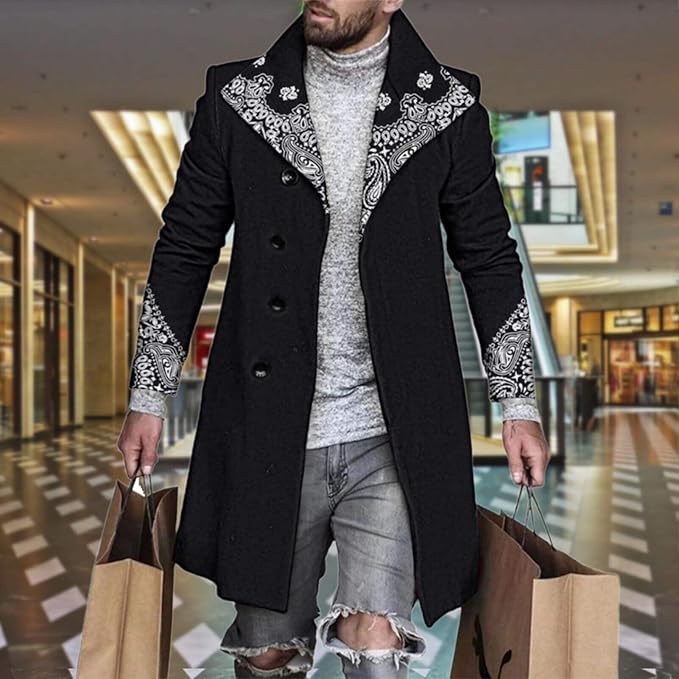 Men's Plaid Long Trench Coat Mid - Length Lapel Collar Button Down Warm Overcoat for Winter & Autumn Fashion