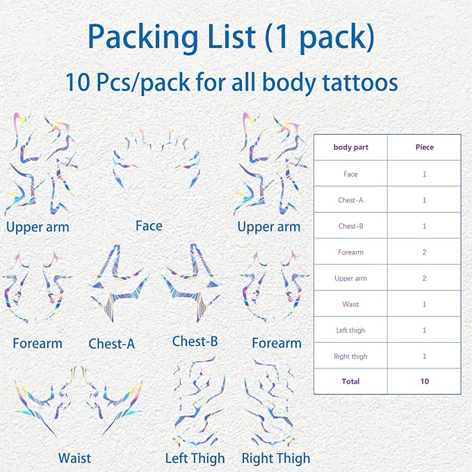 Rumi Tattoos Body Set–10 Purple Pieces per Pack (1 Face, 2 Chest, 2 Upper Arm, 2 Forearm, 1 Waist, 2 Thighs Symmetrical), Temporary Body Tattoos, Waterproof & Skin-Safe (Holographic, 1 Pack)
