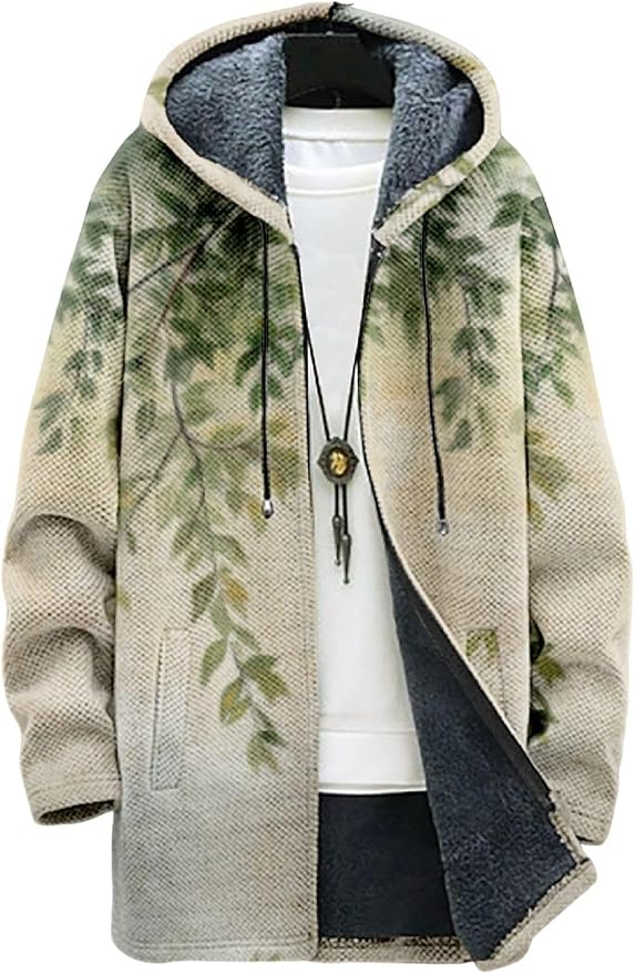2025 Men's Ethnic Pattern Hooded Jacket Long Cardigan Hoodies Full Zip Vintage Knitted Zipper Coat with Pocket
