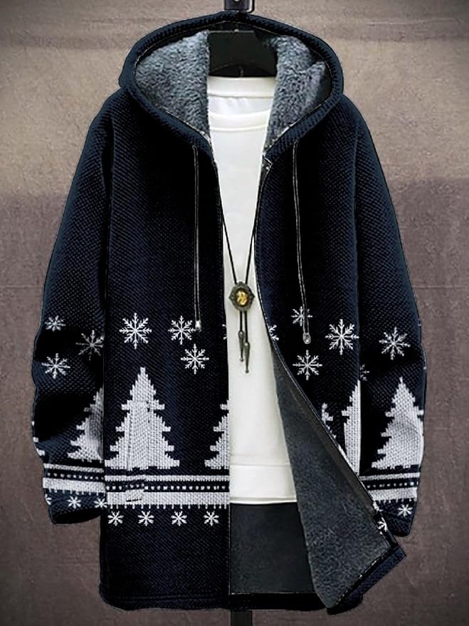 2025 Men's Ethnic Pattern Hooded Jacket Long Cardigan Hoodies Full Zip Vintage Knitted Zipper Coat with Pocket