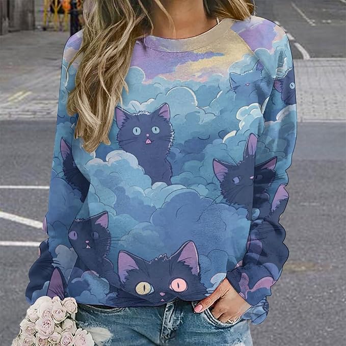 Long Sleeve Shirt Women Fall Cat Print Funny Hide Belly Vacation Plus Size Ladies Hippie Dressy Sweaters
