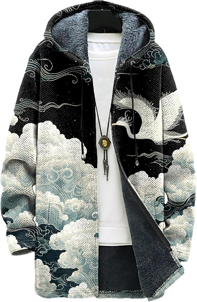 MARSVOVO Long Hooded Cardigan Men Japanese Art Style Fashion Cool Graphic Streetwear Winter Warm Lined Fleece Jacket