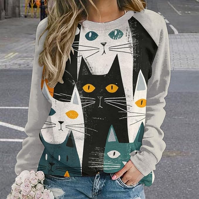 Long Sleeve Shirt Women Fall Cat Print Funny Hide Belly Vacation Plus Size Ladies Hippie Dressy Sweaters