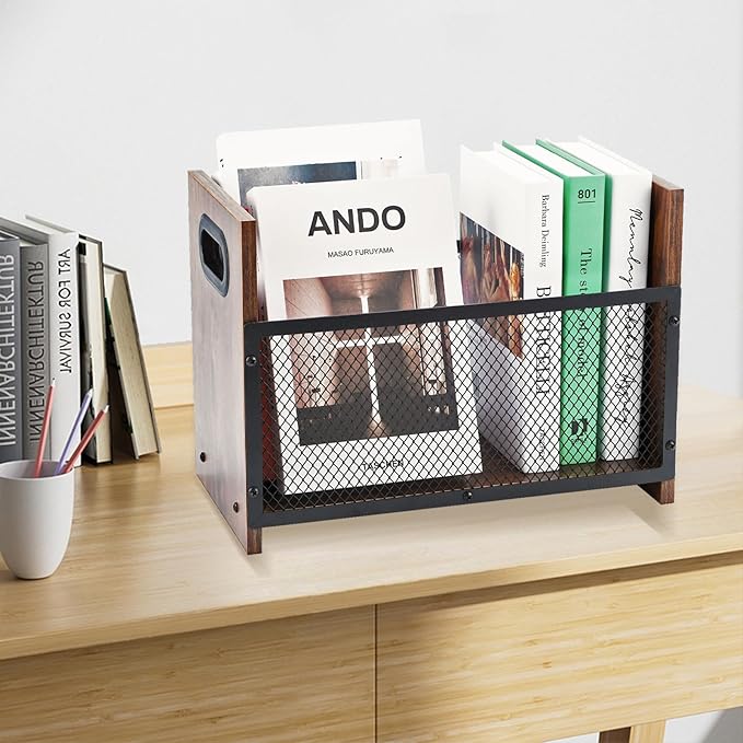 WBJKZJD Magazine Holder, Desktop Magazine Rack File Holder Organizer Rustic Storage Basket for Magazines, Books, Newspapers, Tablets (Medium)