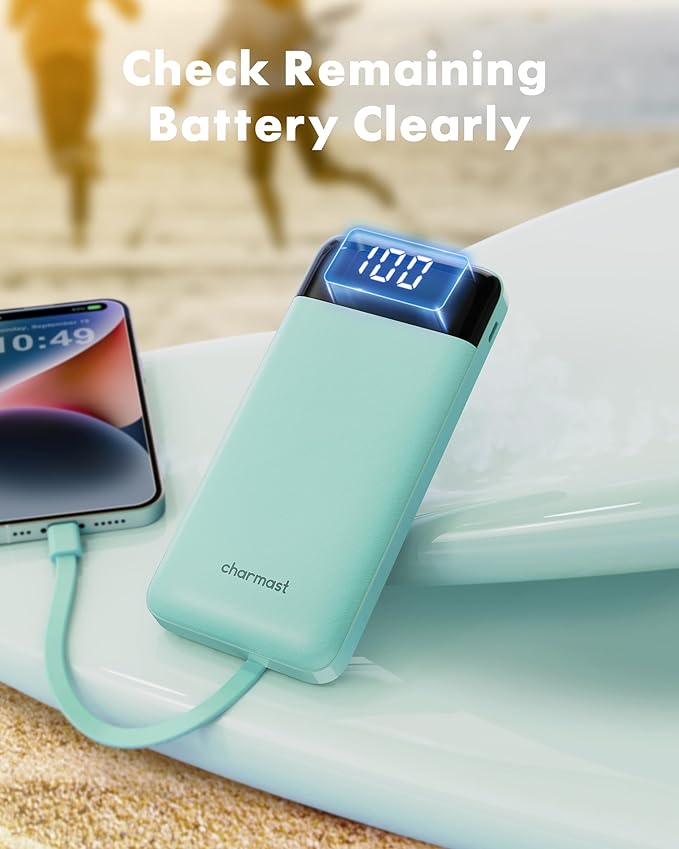 charmast Portable Charger with Built in Cables, Power Bank with Cords Wires, Slim 10000mAh Travel Battery Pack 6 Outputs 3 Inputs 5A Fast Charging for Samsung Google Pixel LG Moto iPhone iPad