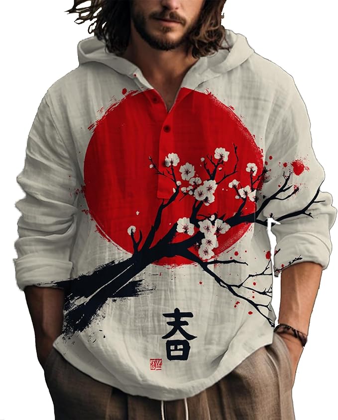 MARSVOVO Hooded Long Sleeve Shirt Men Fashion Graphic Button Up Lightweight Big and Tall Casual Vacation Shirts for Men