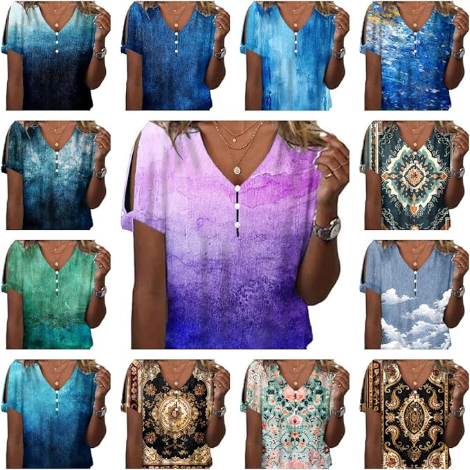 Women's Boho Butterfly Floral Print Cold Shoulder Flowy Tops Summer Dressy Casual V Neck Ladies Blouses Tunic Tops