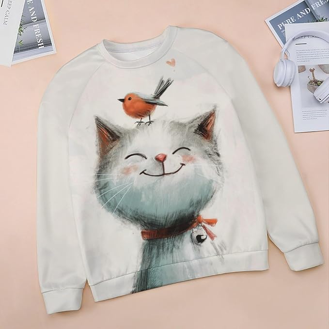 Long Sleeve Shirts for Women Cat Printed Fall Winter Dressy Holiday Casual Fashion Crewneck Tunic Tee Shirts